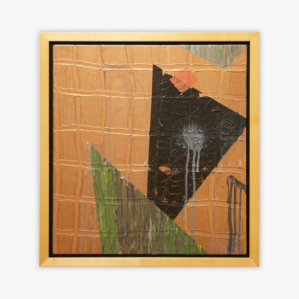 Abstract "Untitled" painting by artist Rasheedah Mahali featuring several geometric shapes on a copper background with overall rectangular grid pattern.
