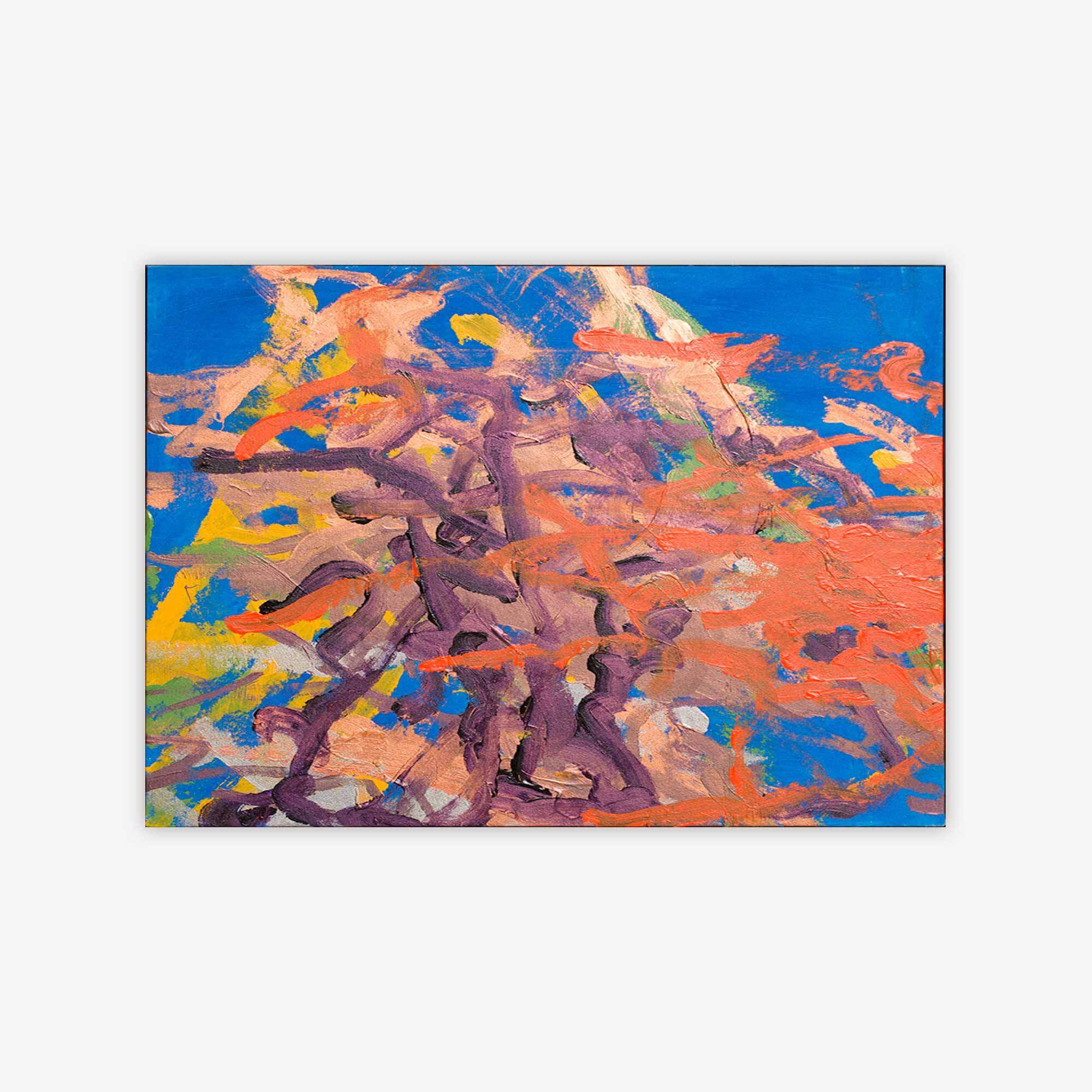 "Untitled" abstract painting by artist Teddy Dobrich with amorphous shapes and pattern in shades of orange, pink, purple, and yellow on a blue background.