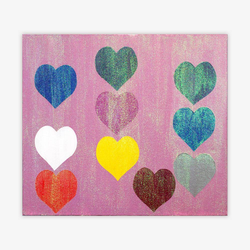 "Untitled" painting by artist Yasin Reddick featuring colorful heart shapes and lavender background accented with glitter.