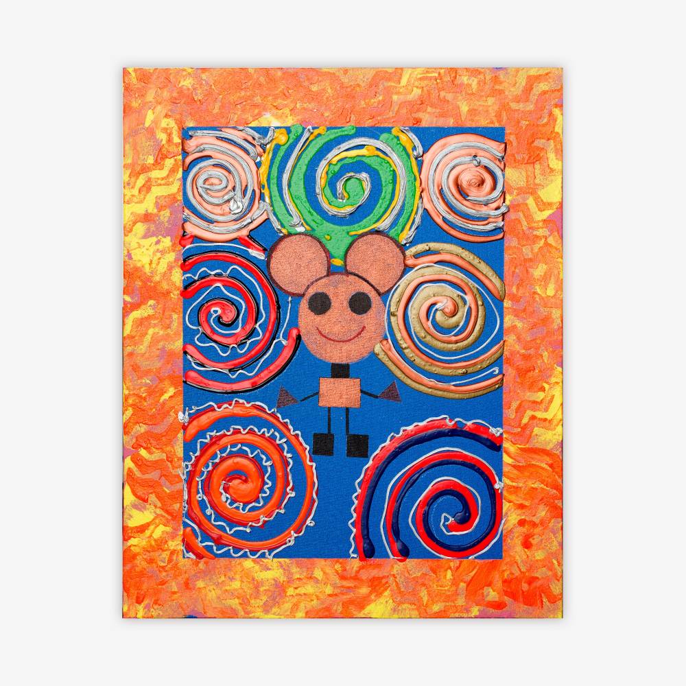 Painting by artist Jessica Evans titled "World of Wonder" featuring central figure surrounded by colorful spiral designs and blue background with bright orange and yellow border design.