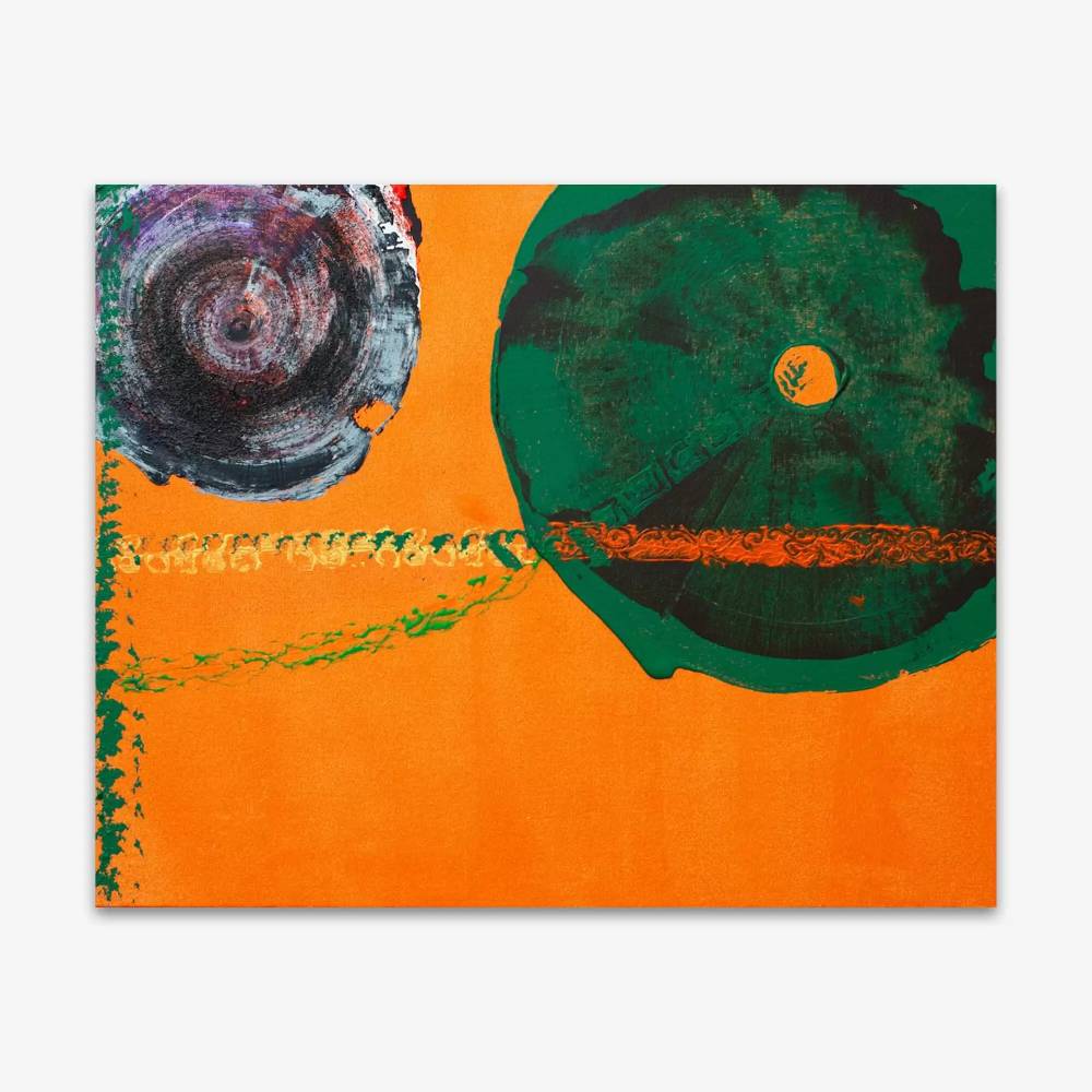 Abstract painting by artist Richard Kozlik titled "Messy Think by Richard Kozlik" with 2 large circular shapes and patterns in shades of blue, green, and black on a bright orange background.