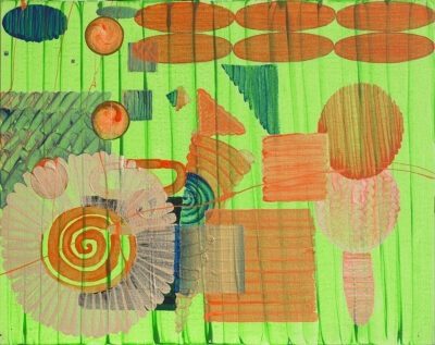 Painting by artist Philip Fisher featuring a variety of shapes in shades of orange, pink, and blue on a green background.