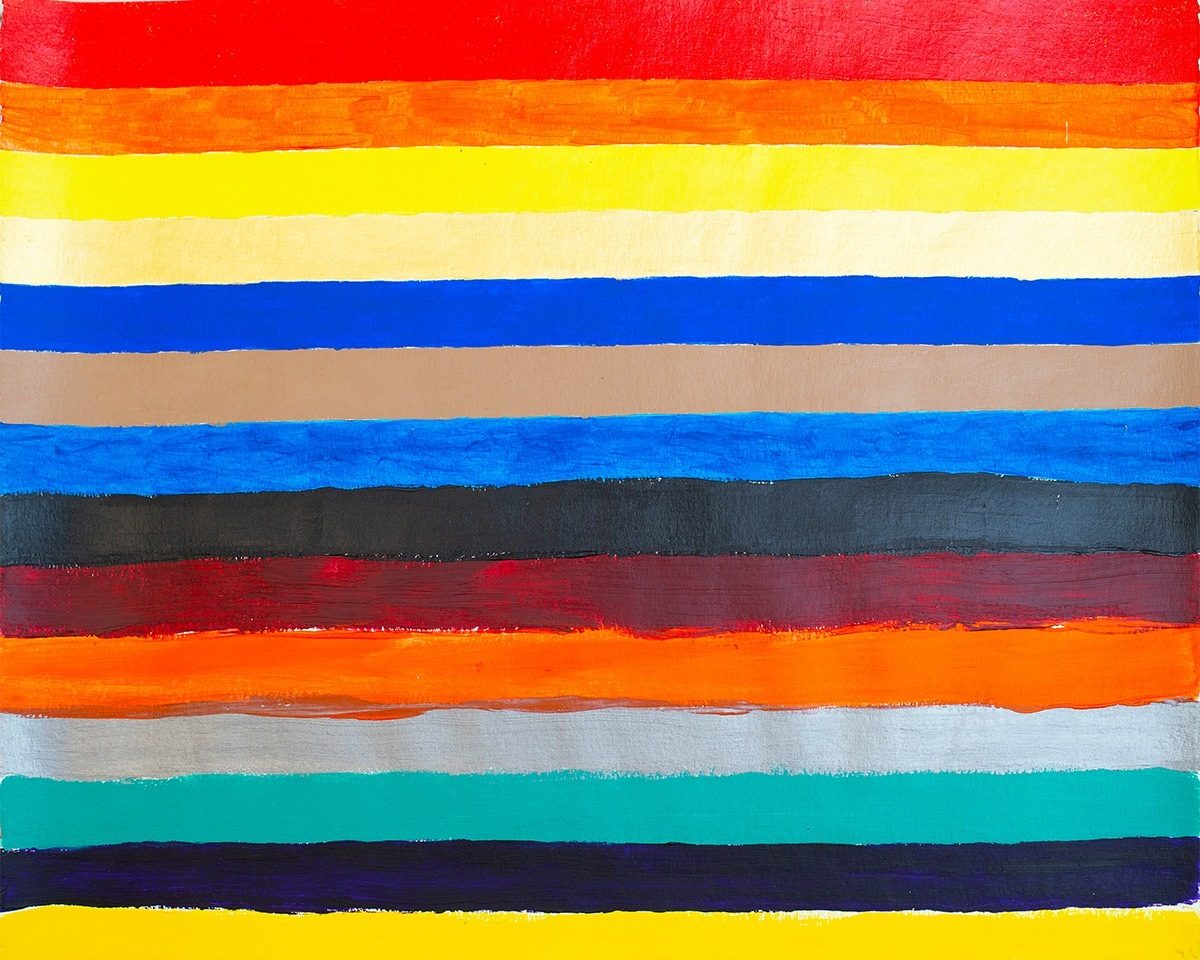 Cropped portion of an abstract painting by artist Yasin Reddick titled "Rainbow Rainschmoe" featuring bold horizontal stripes in shades of red, orange, yellow, and blue.