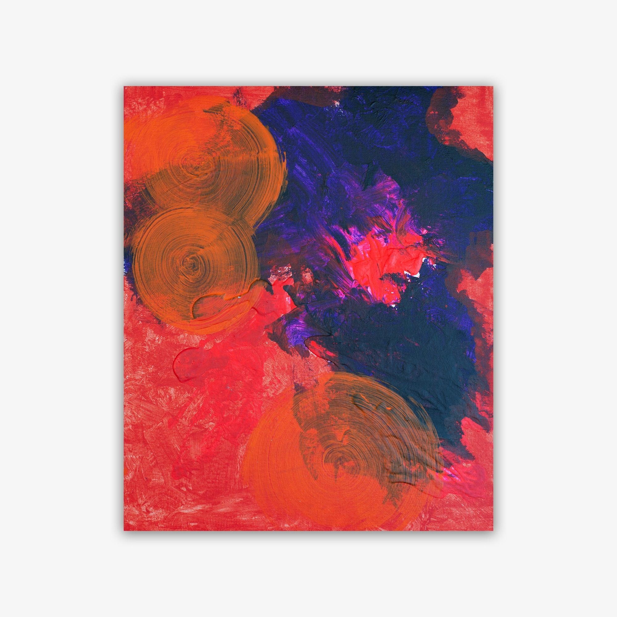 Abstract painting by artist Amy Myers titled "No Solutions Yet" featuring an orange, blue, and red design.