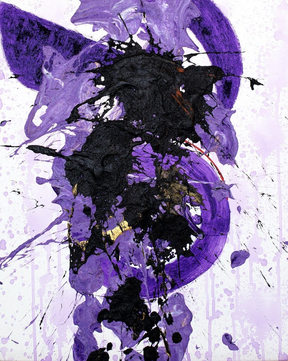 Abstract painting by artist Chester Cheesman titled "Purple Night" with bold purple and black shapes on a light background.