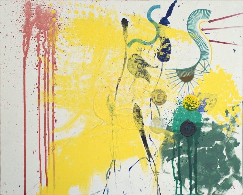 Cropped portion of an abstract painting by artist Ellen Kane titled "The Good Samaritan" featuring a striking design in shades of teal, pink, blue, and yellow on a light background.