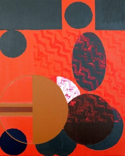 Abstract "Untitled" painting by artist Karen Frascella featuring blue, tan, and white geometric shapes on a red background.