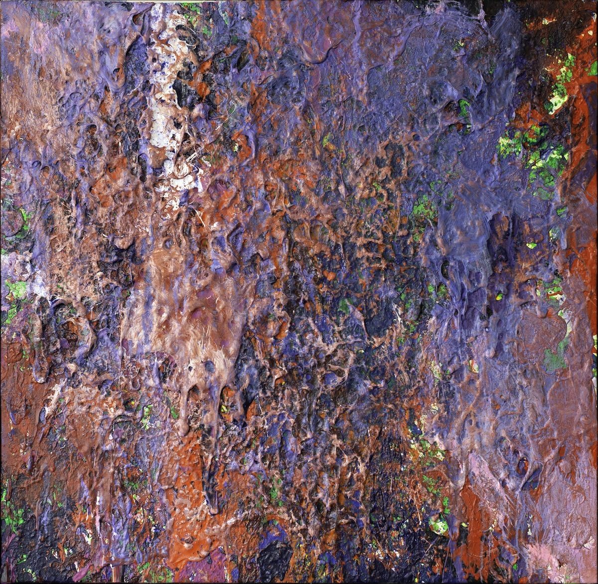 Abstract painting by artist Lee Papierowicz in shades of purple, red, white, and green with texture.