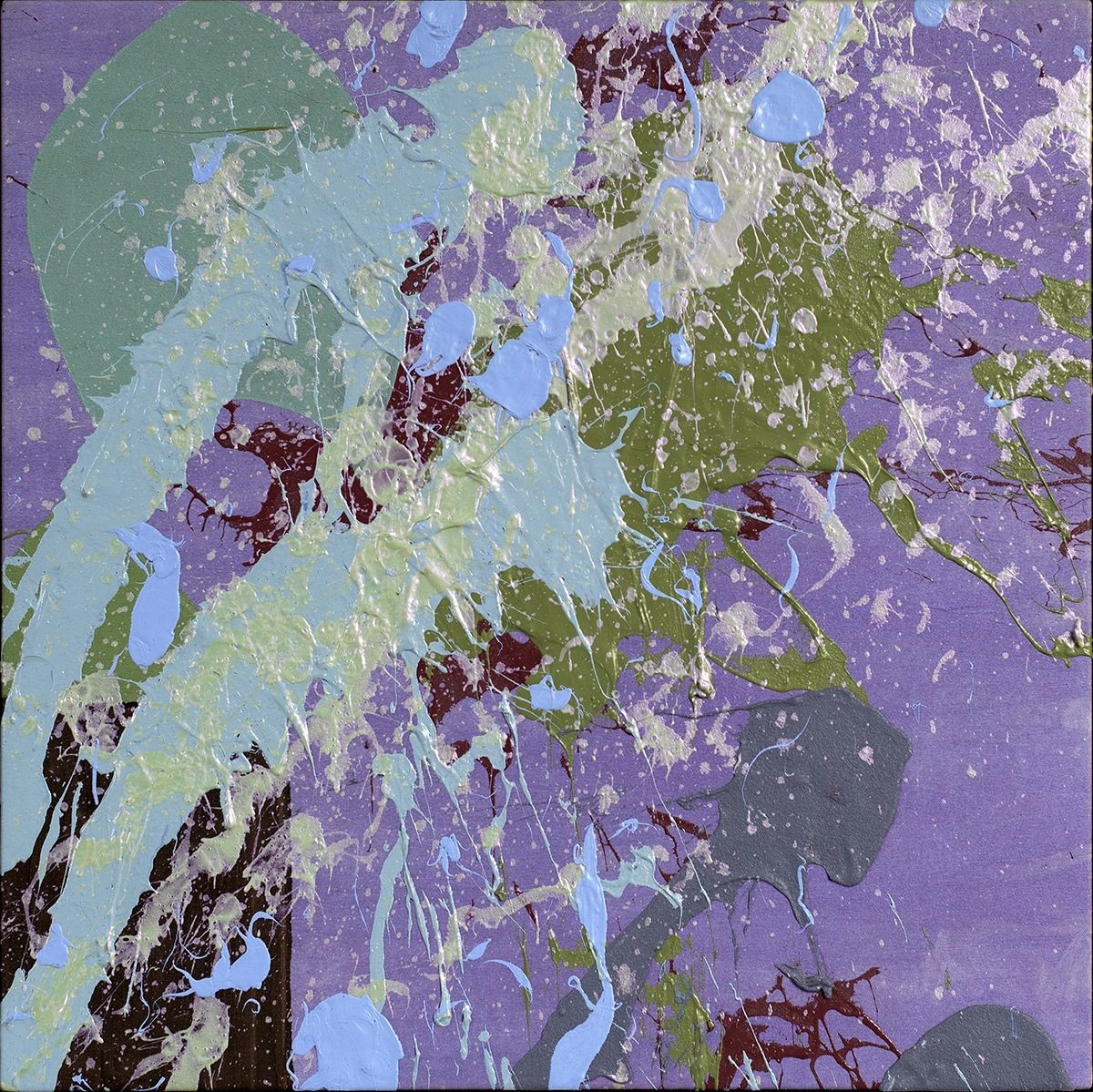 Abstract painting by artist Misty Hockenbury titled "My Color Wedding" with splatter design in shades of purple, green, and blue.