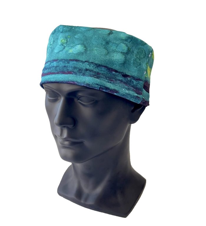 Head wrap in shades of blue and yellow based on an "Untitled" painting by artist Lloyd Decker.