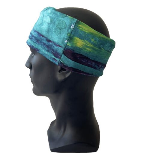 Head wrap in shades of blue and yellow based on an "Untitled" painting by artist Lloyd Decker.