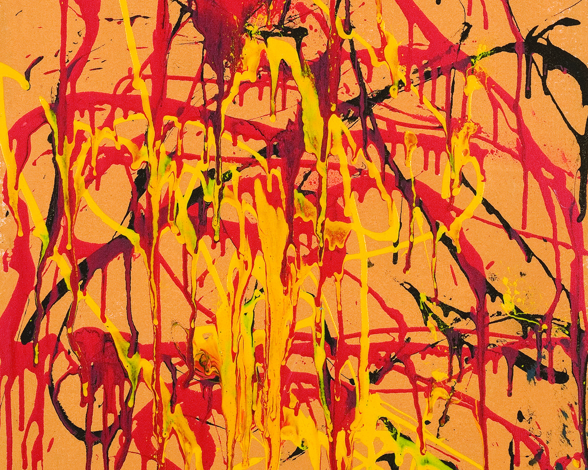 Abstract painting by artist Chet Cheesman featuring drip paint design in red, yellow, and black against an orange background.