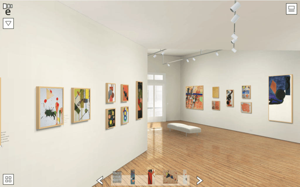 Virtual gallery with "Celebrating the Women of Arts Access" exhibited paintings.