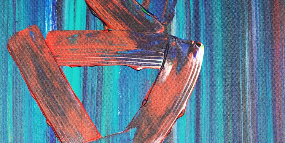 Cropped portion of painting by artist James Lane featuring red brush strokes against a blue striated background.