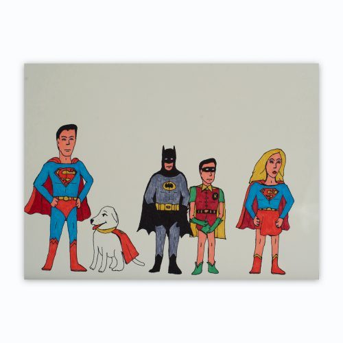 Drawing by artist Christopher Palmer titled "Superfriends" featuring 5 colorful superhero figures.