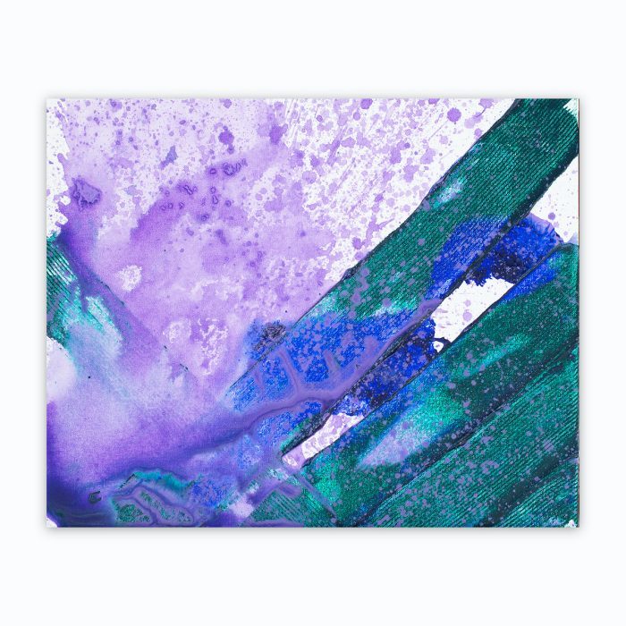 Abstract painting by artist Lloyd Decker titled "Houdini" with intersecting rectangular shapes in shades of blue, and green on a white background with lavender splatter.