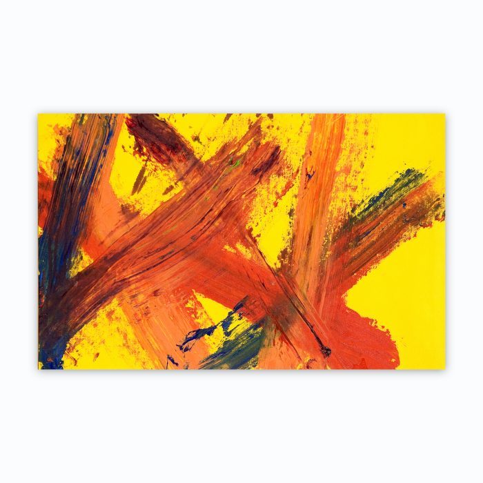 "Untitled" abstract painting by artist Luis Rodriguez featuring broad brush strokes in shades of red and blue on a bright yellow background.