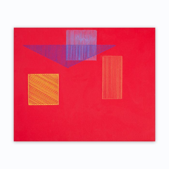 Abstract painting by artist Nancy Soto titled "Songbird" featuring geometric shapes with linear patterns in shades of yellow and blue on a red background.