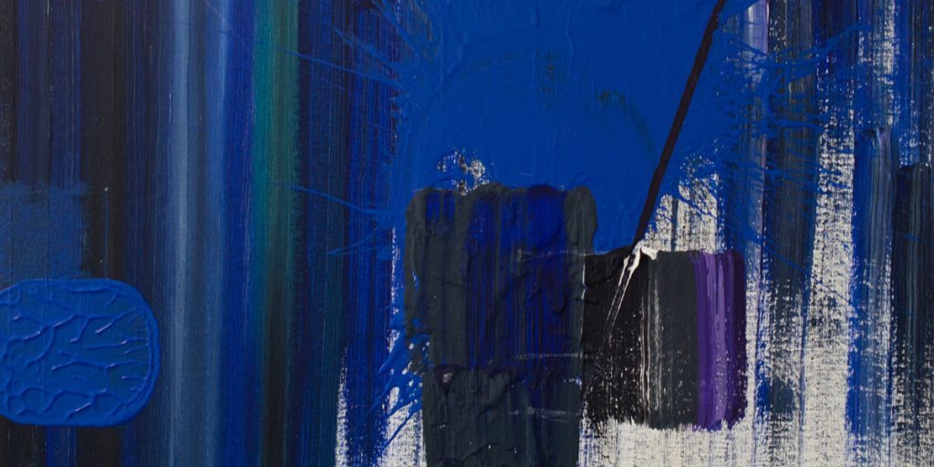 Detail of "Untitled" painting by artist Mike Martin featuring geometric shapes, splatter, and vertical striated background in blue, black, purple, and white.
