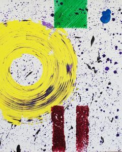 Cropped portion of abstract painting by artist Lloyd Decker featuring geometric shapes with pattern in shades of yellow, green, and maroon on a light background with blue and black splatter paint.