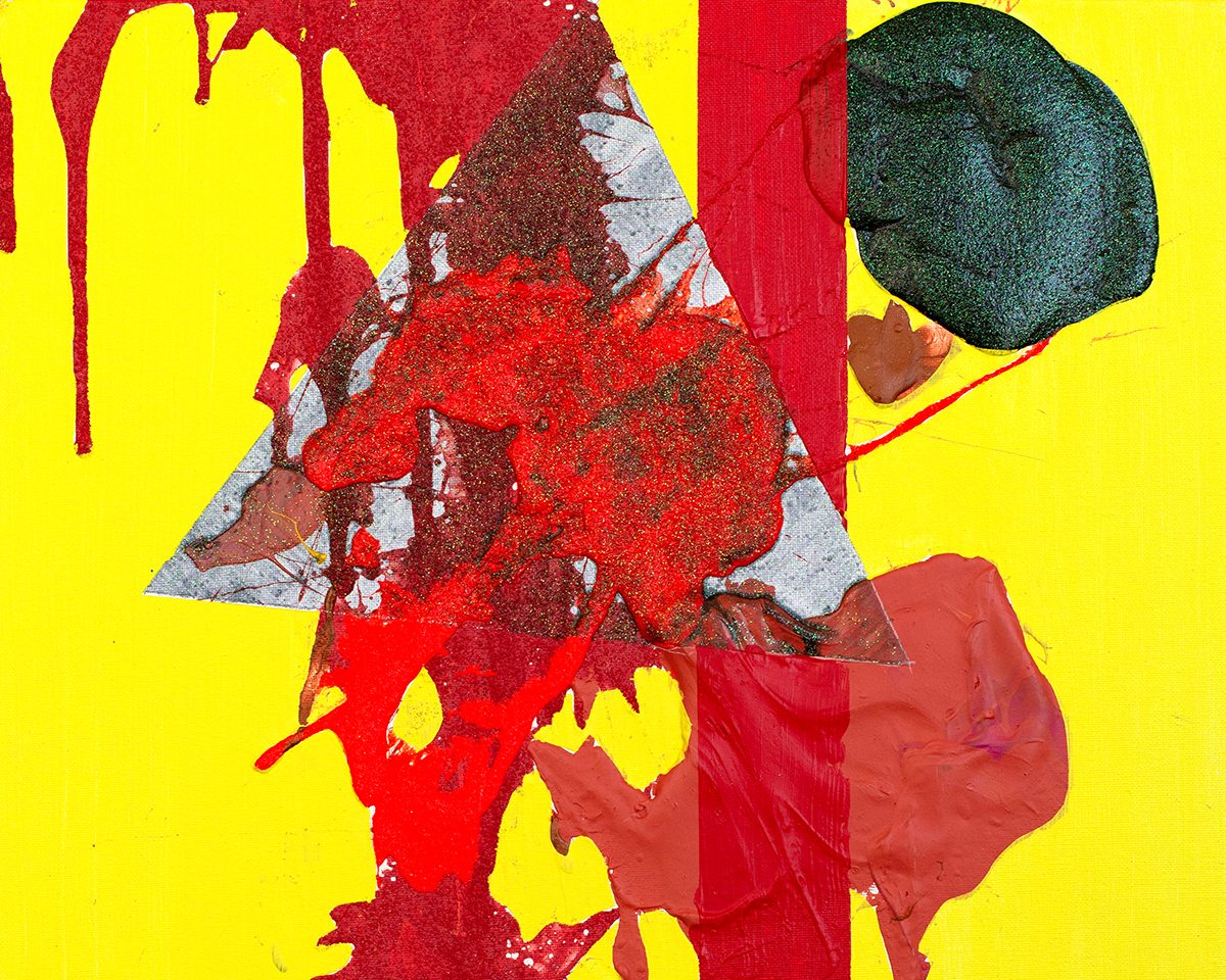 Cropped portion of painting by artist Paul Santo featuring geometric shapes and splatter paint in shades of silver, red, and black on a bright yellow background.