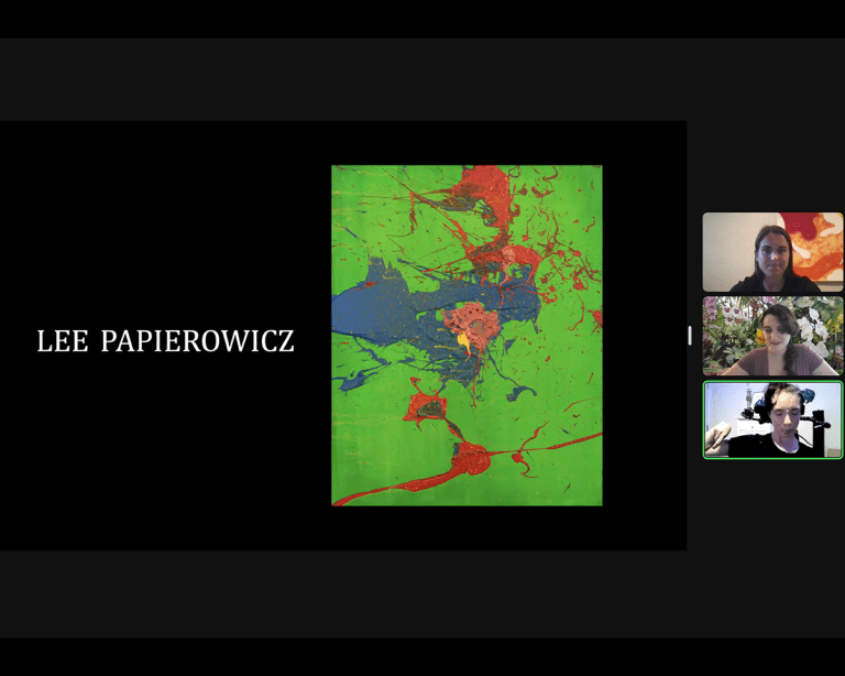 Screenshot of New Jersey Medical School Collaborative ARTS Exhibit 2023 virtual reception, showing artwork by Lee Papierowicz. On the right side of the screen are video images of Julia Halsey, Arianne Petersen, and artist Lee Papierowicz.