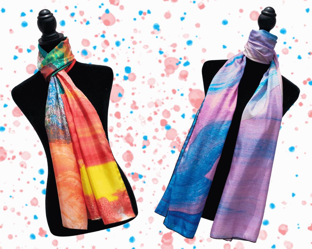 Animated .gif of silk scarves featuring artwork by artists Andy Lash and Cheryl Chapin. The images of the scarves tilt left and right in the foreground, while the background has pink and blue dots on white.