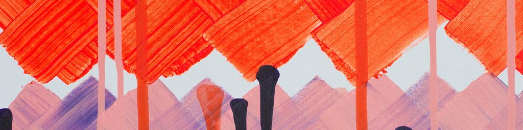 Cropped portion of painting by artist Jasmine Oliver with cross cross pattern and vertical drips in blue, lavender, orange, and white.