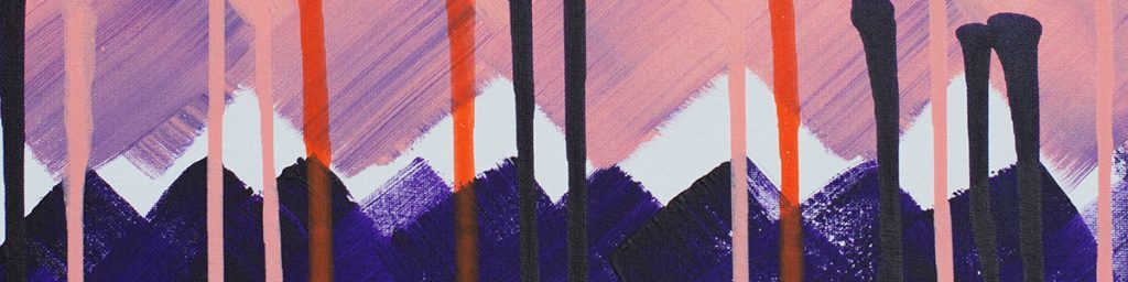 Cropped portion of painting by artist Jasmine Oliver with cross cross pattern and vertical drips in blue, lavender, orange, and white.