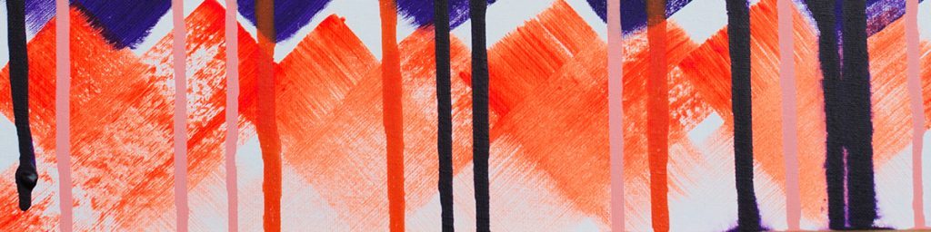 Cropped portion of painting by artist Jasmine Oliver with cross cross pattern and vertical drips in blue, lavender, orange, and white.