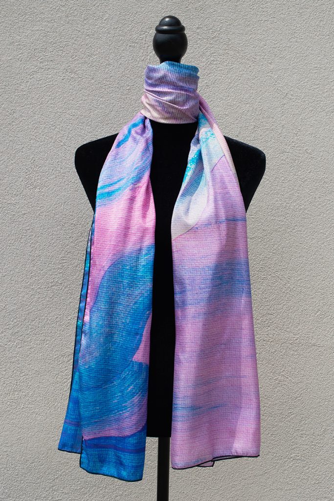Silk scarf based on painting by artist Cheryl Chapin titled "A River Runs Through It".