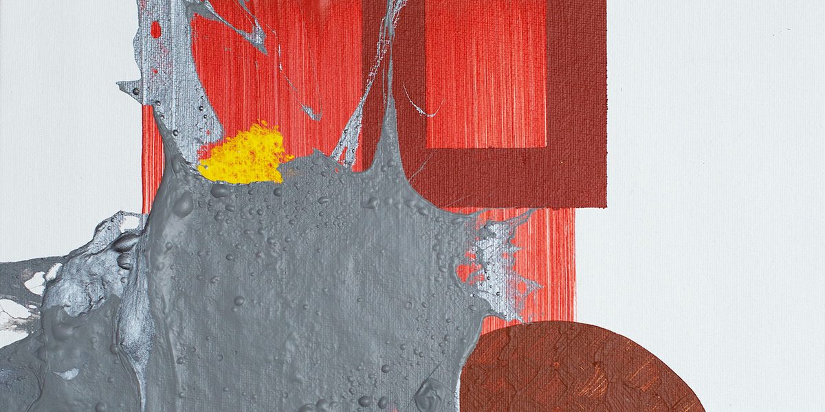 Cropped portion of painting by artist Karen Frascella with geometric shapes in shades of red with silver splatter paint on a white background.