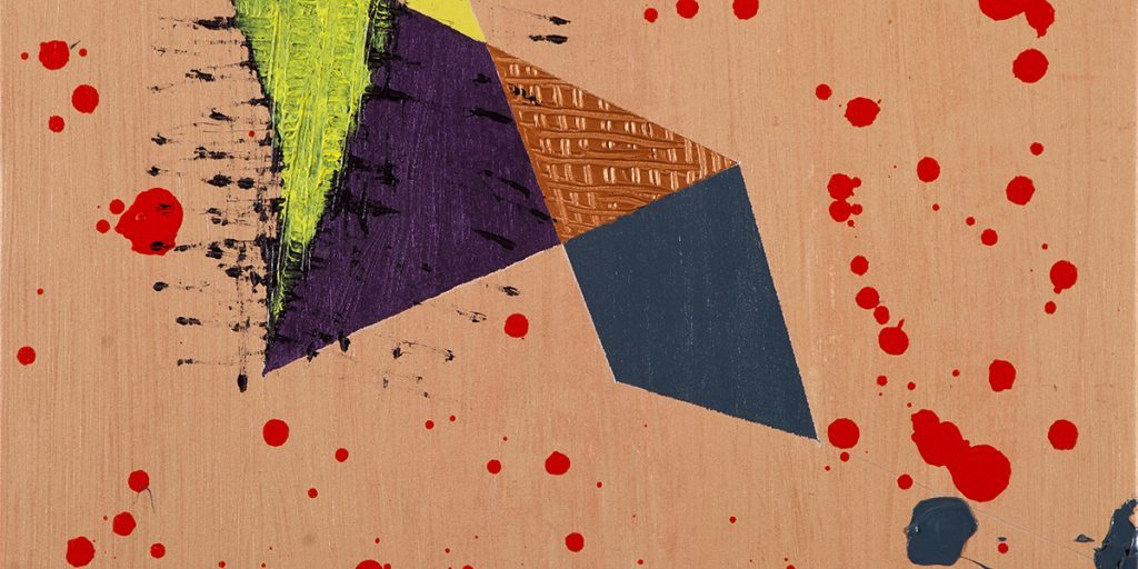Detail of abstract painting by artist Ellen Kane titled "Counterpoint" featuring geometric shapes in shades of yellow, purple, blue, and brown against a tan background with red and blue splatter paint.