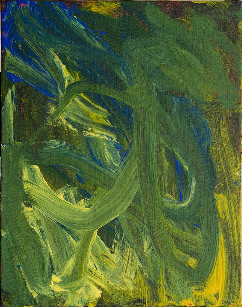 "Untitled" painting by artist Karen Frascella featured in Green Exhibit with pattern in shades of green, blue, and yellow.