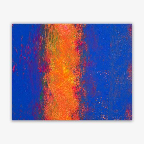 Abstract painting by artist Benjamin Cuison titled "Hot and Colder" featuring single vibrant stripe in shades of yellow, orange, pink, and green against a deep blue background.