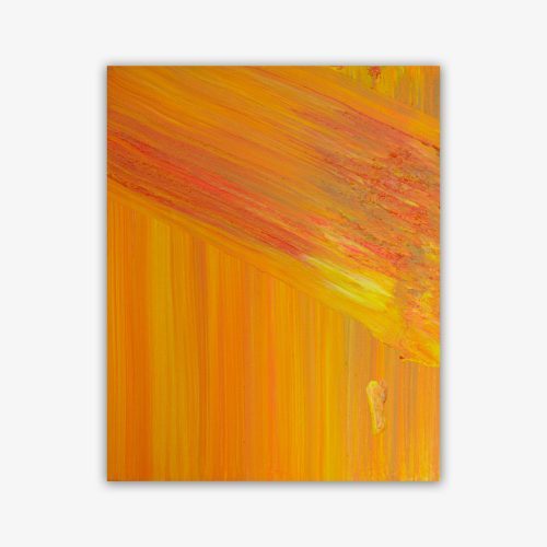 Abstract painting by artist Benjamin Cuison titled "A Bake Warmer" featuring vertical and diagonal striated pattern in shades of red, yellow, and orange.