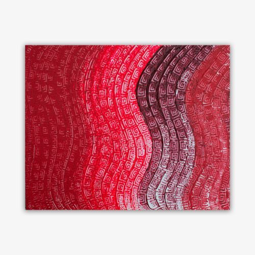 Abstract painting by artist Benjamin Cuison titled "The Bake Warmer" featuring undulating pattern of vertical stripes in shades of red and purple with greek key pattern and white highlights.