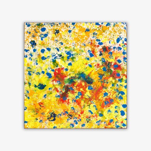 Abstract painting by artist Cheryl Chapin titled "Paint Splash" featuring vibrant yellow, blue, red, and green pattern on a white background.