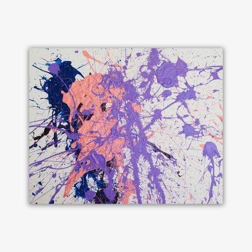 Abstract painting by artist Chet Cheesman titled "Hope" featuring splatter paint design in shades of purple, pink, and dark blue on a white background.