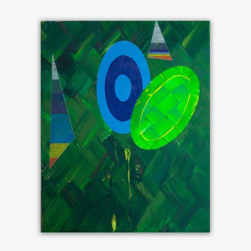 Abstract "Untitled" painting by artist Hassan Daughety featuring several geometric shapes in shades of bright green and blue against a dark green background with criss cross pattern.