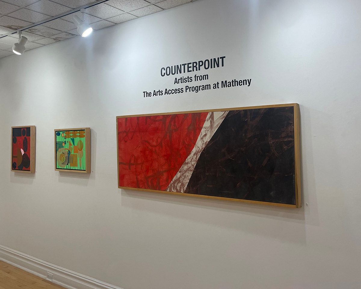 Gallery wall with exhibited paintings at Center for Contemporary Art "Counterpoint" exhibition in Bedminster, New Jersey.