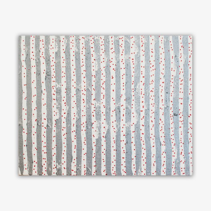 Abstract painting by artist Lloyd Decker titled "That One" featuring pale gray vertical stripes with red dots against a darker gray-blue background.