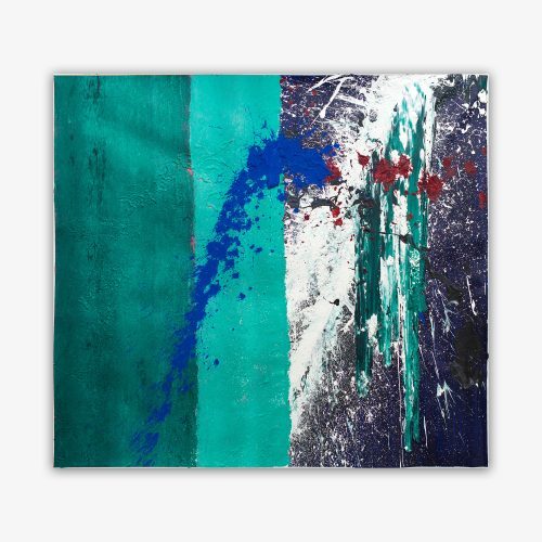 Abstract painting by artist Michael Cornely titled "Arrow versus Captain Cold" featuring two broad vertical stripes in shades of blue adjacent to a dark purple field with splatter paint in shades of blue, burgundy, and white.