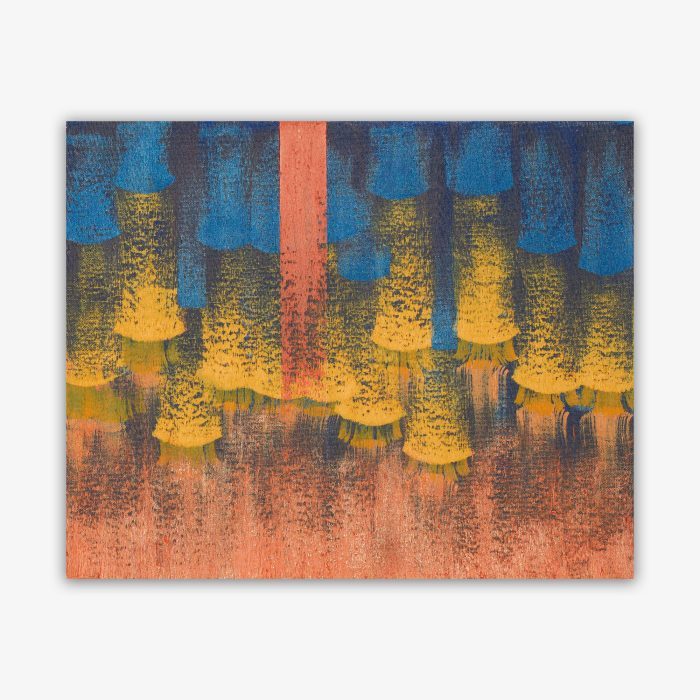 Abstract painting by artist Thomas Christian titled "Royal Fire Number Two" featuring vertical pattern in shades of blue, gold, terra cotta and black.