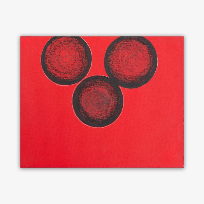 Painting by artist Anthony Zaccaria titled "Mickey Mouse if My Friend" featuring 3 black and red patterned circles, 2 on top and 1 below, on a solid red background.