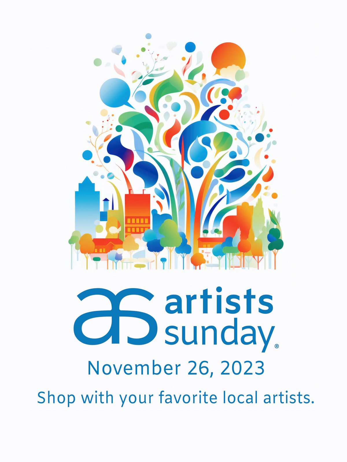 Artists Sunday 2023 logo on top of background featuring a colorful main street with artistic flares on top.