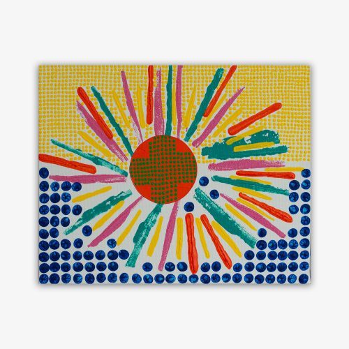 Painting by artist Isabell Villacis titled "The Human Eyes are the Windows to the Mind, Body, and Soul" featuring sunburst design in shades of orange, yellow, purple, and aqua with an orange and green center circle on a white background with yellow dot design on the top and larger blue dot design on the bottom.