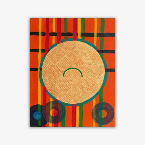 Painting by artist Isabell Villacis titled "The Gold Planet" featuring a large, light patterned central circle outlined in blue, surrounded by a geometric pattern in shades of red, yellow, green, and blue on an orange background.