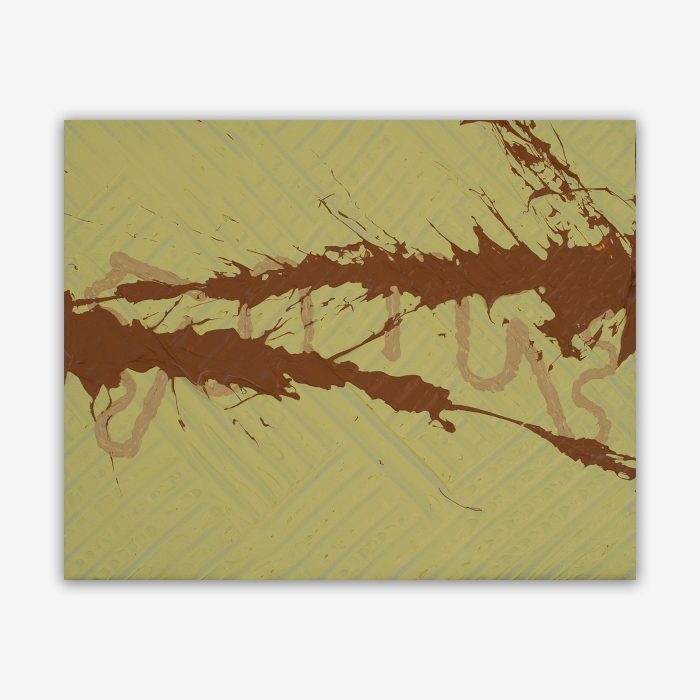Abstract painting by artist Josh Handler titled "Peanut Butter on My Hands" featuring a dark brown splatter paint design on a taupe background with subtle linear patterns.