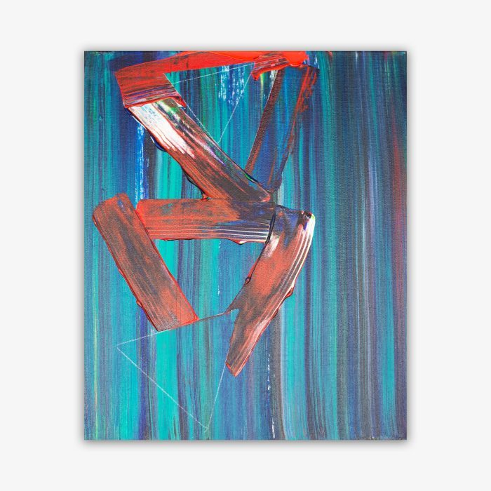 Abstract painting by artist James Lane titled "L.I." featuring two triangular shapes with bold red and blue brush strokes on a background with vertical striated pattern in shades of blue.